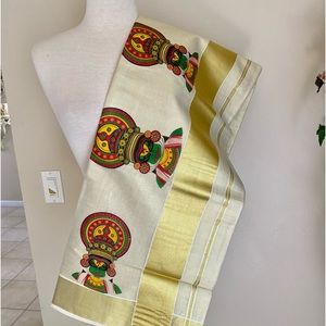 Cream Saree with Gold Border and Multicolor Motif